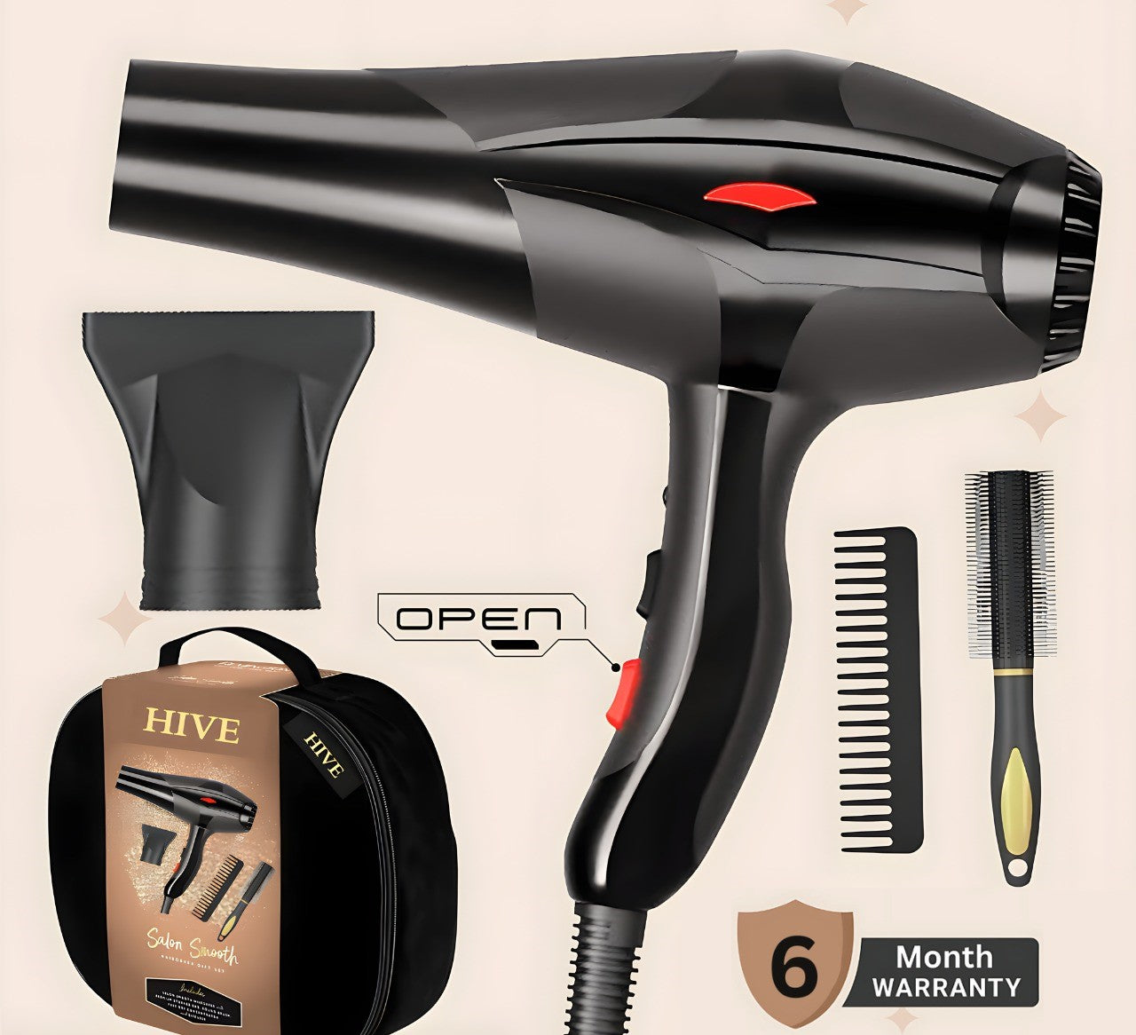 Professional Keratin Protect Hair Dryer with Diffuser – 2000W One-Step Styler Brush – No-Heat-Damage Unisex Hair Dryer (Black