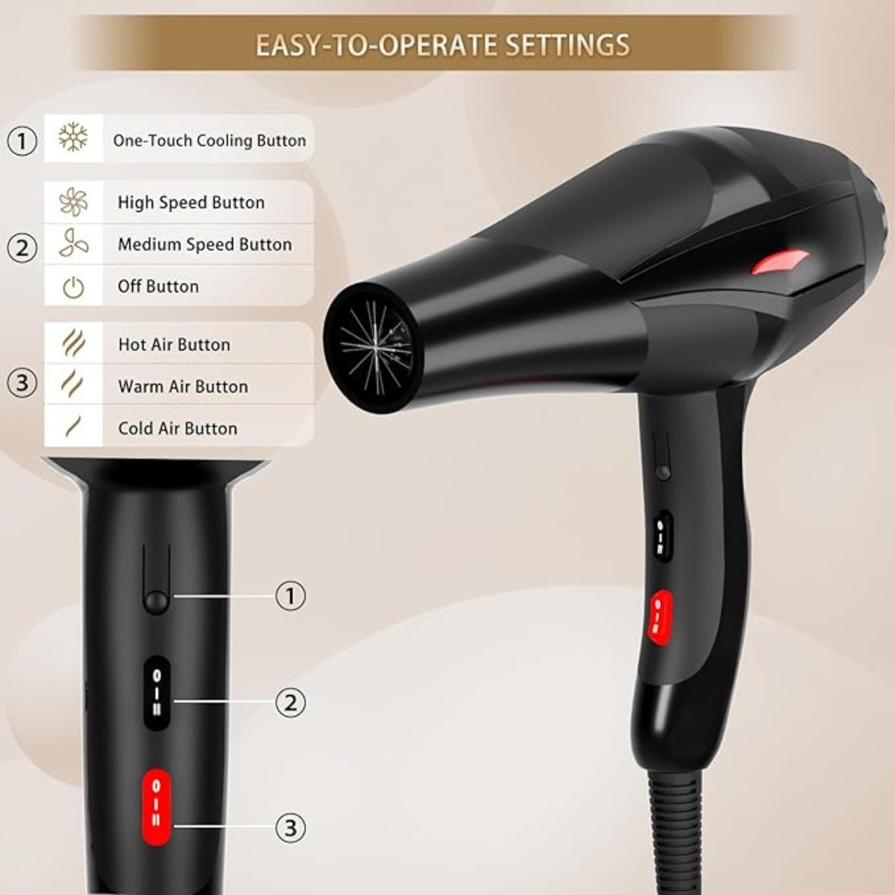 Professional Keratin Protect Hair Dryer with Diffuser – 2000W One-Step Styler Brush – No-Heat-Damage Unisex Hair Dryer (Black