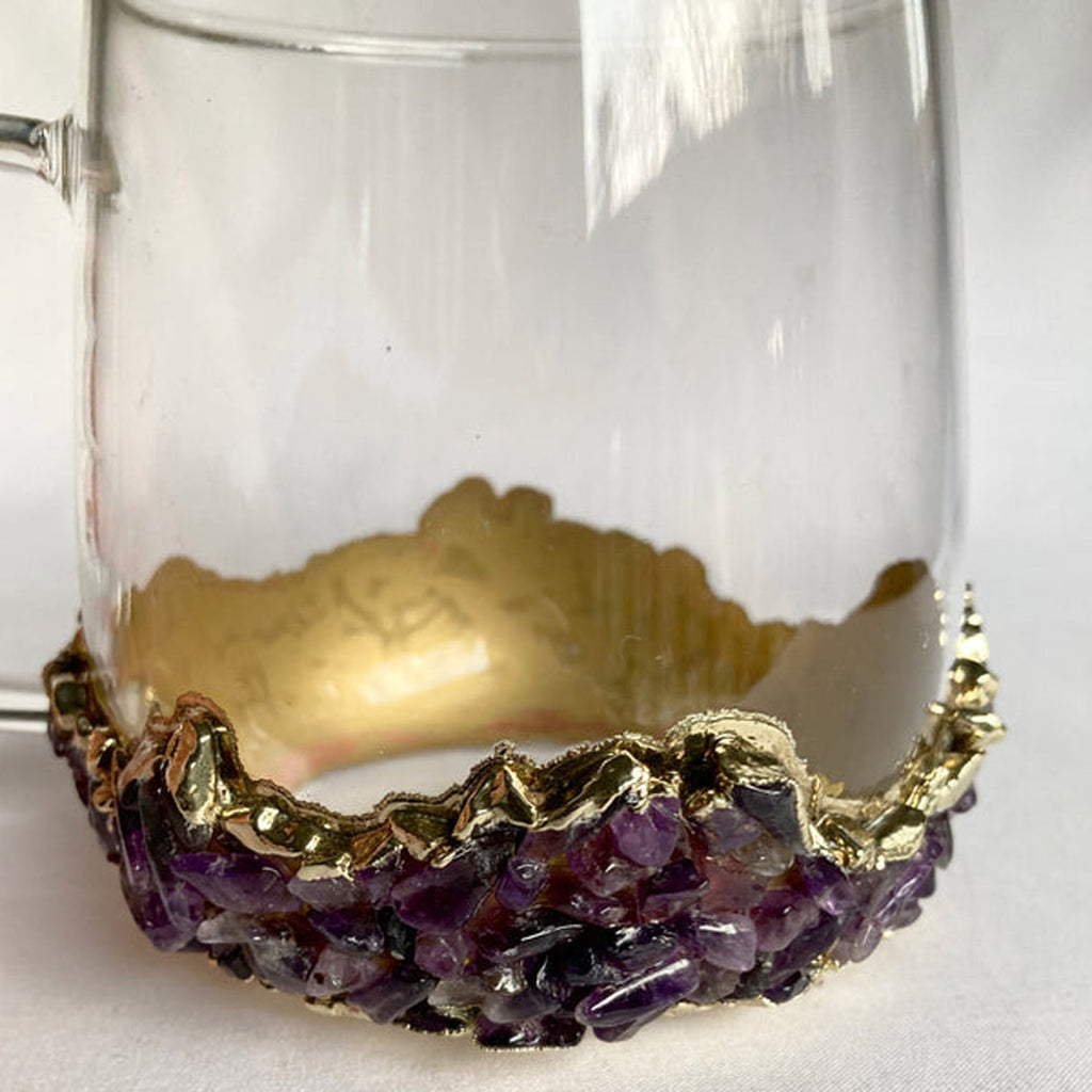 Set of 2 |Crystal Glass Coffee/Tea/Juice Mugs with Gold Plated Purple Amethyst Agate/Quartz Semi-precious Crystals | 17 oz/500 ml